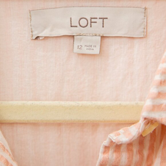 Loft Pink Striped Seersucker Midi Pocket Shirtdress with Pockets, size 12 - Picture 7 of 10